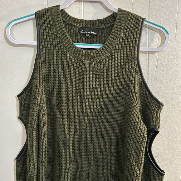 Alison Andrews Cold Shoulder Knit Sweater- Army Green, Black Pleather Size S/M - Picture 2 of 10